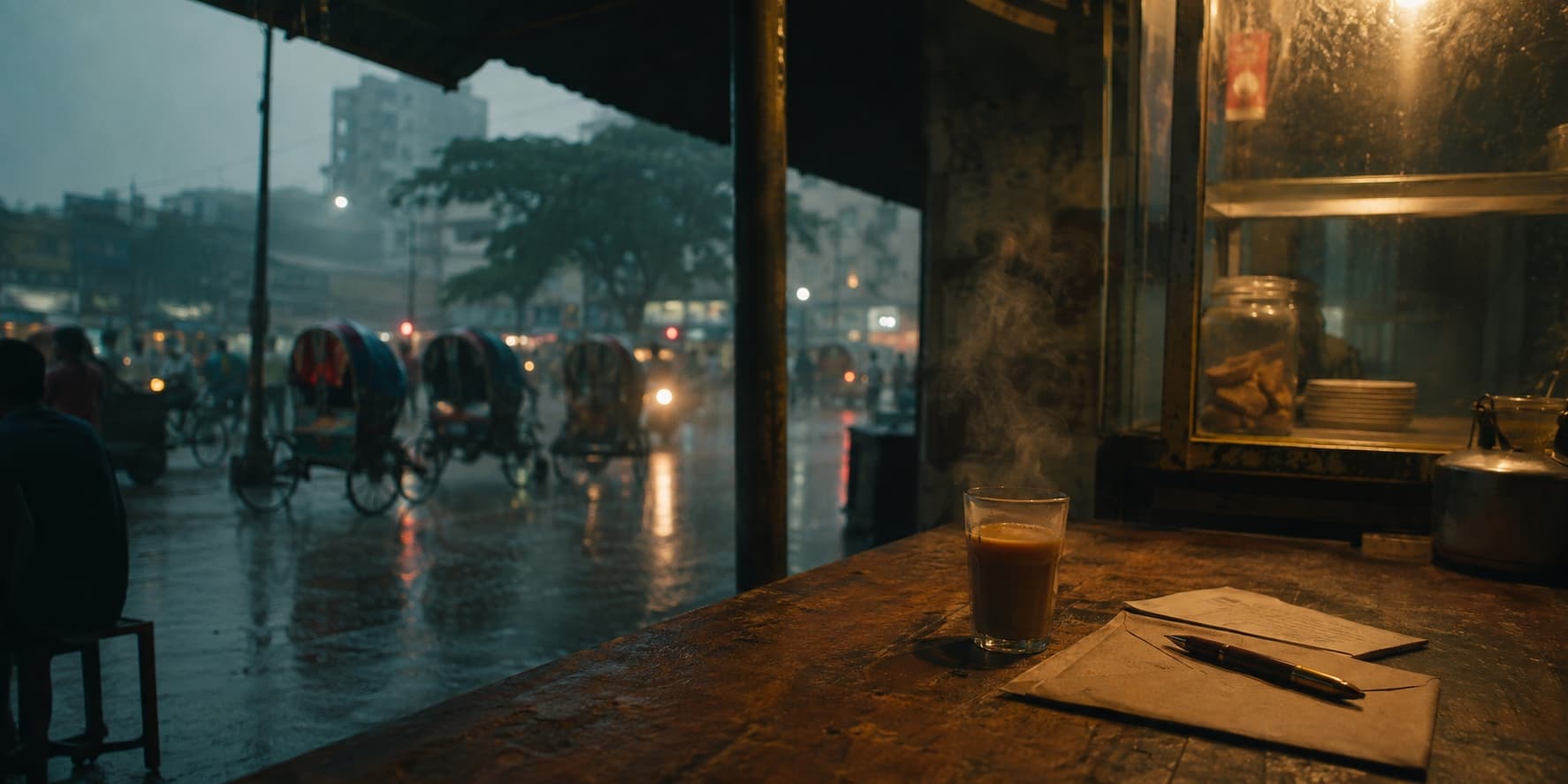 বৃষ্টিভেজা সন্ধ্যায় ঢাকার একটি চায়ের দোকান